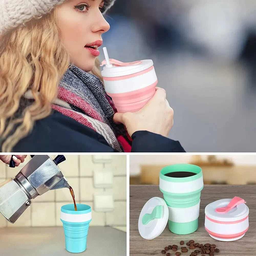 12 Oz Reusable Silicone Collapsible Cups with Lid for Camping 350ml